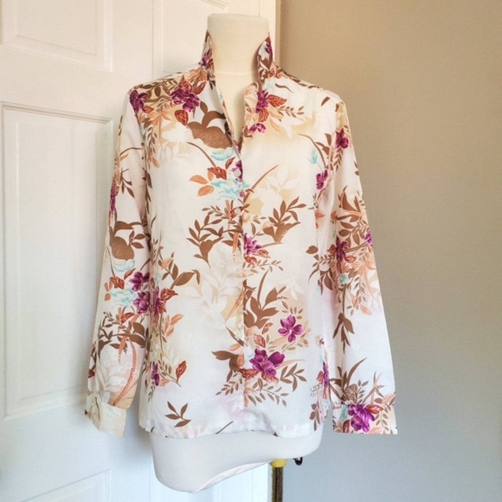 Vintage fall floral print blouse shirt stand up collar size small ship n shore
